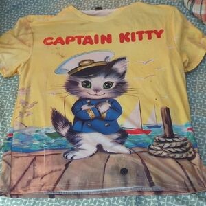 Cool Retro Captain Kitty T-shirt XL XXL Cat Tee New